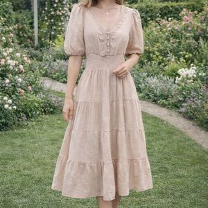 Kings Road Women’s Midi Dress Size M NWT Beige Smocked Tiered Puff Sleeve boho